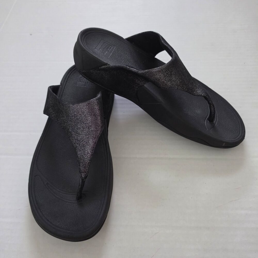 FitFlop Womens Lulu Shimmer Thong Flip Flop Sandals Size 9 Black